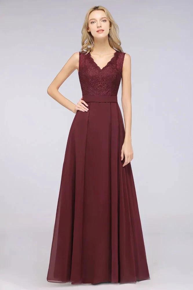 A-Line Chiffon Lace V-Neck Sleeveless Floor-Length Bridesmaid Dresses with Ruffles by misshow.com