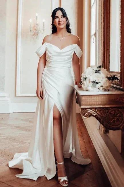 A-Line Elegant V-Neck Off-The Shoulder Split Front Strapless Wedding Dresses with Ruffles by misshow.com