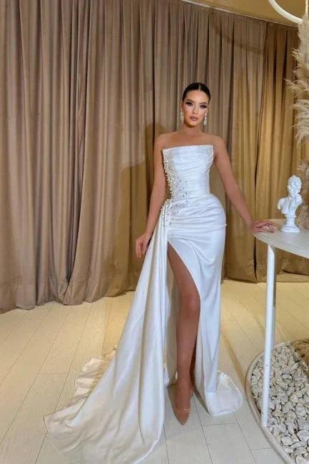 A-Line Exquisite Split Front Sleeveless Strapless Stain Prom Dresses with Beadings by misshow.com