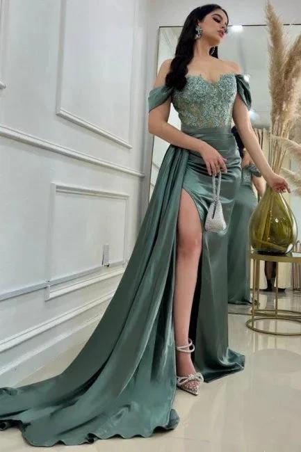 A-Line Floor-Length Stain Off-The-Shoulder Split Front Sweetheart Prom Dresses with Lace by misshow.com