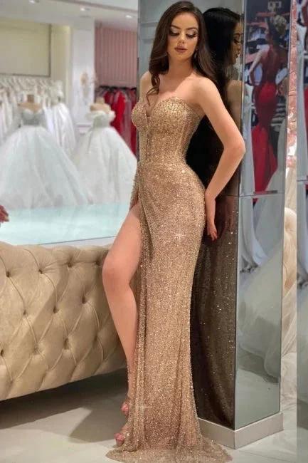 A-Line Gold Sleeveless Floor-Length Strapless Split Front Prom Dresses with Sequins by misshow.com