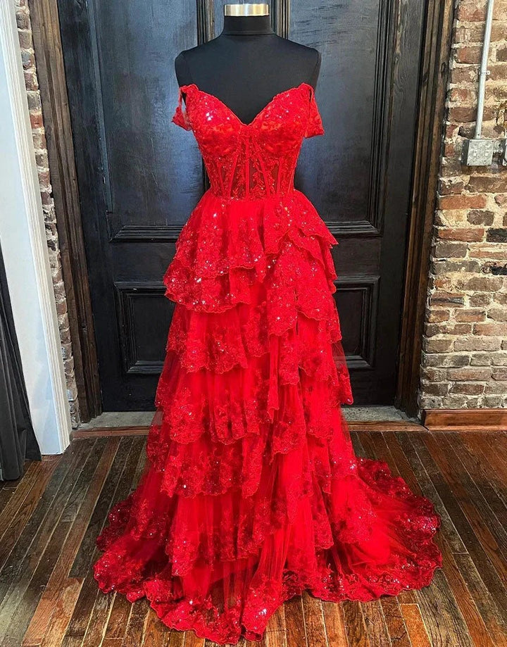 Red Princess A Line Off the Shoulder Corset Prom Dress with Lace Ruffles by KissProm