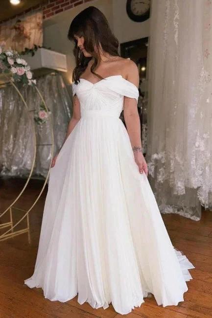 A-Line Off-The-Shoulder Floor-Length Short Sleeve Stain Wedding Dresses with Ruffles by misshow.com