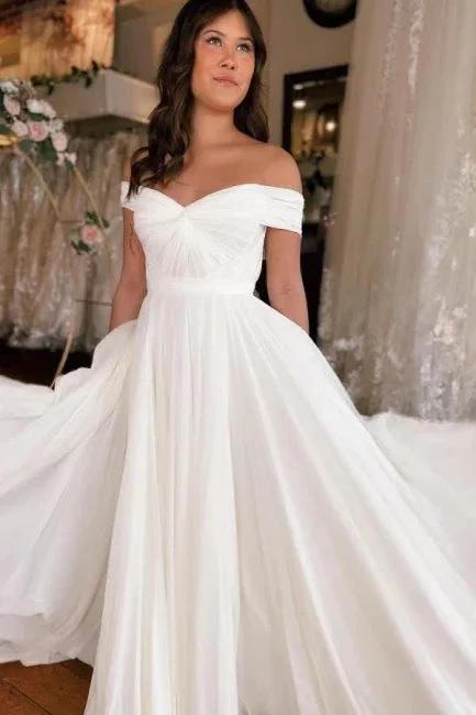 A-Line Off-The-Shoulder Floor-Length Short Sleeve Stain Wedding Dresses with Ruffles by misshow.com