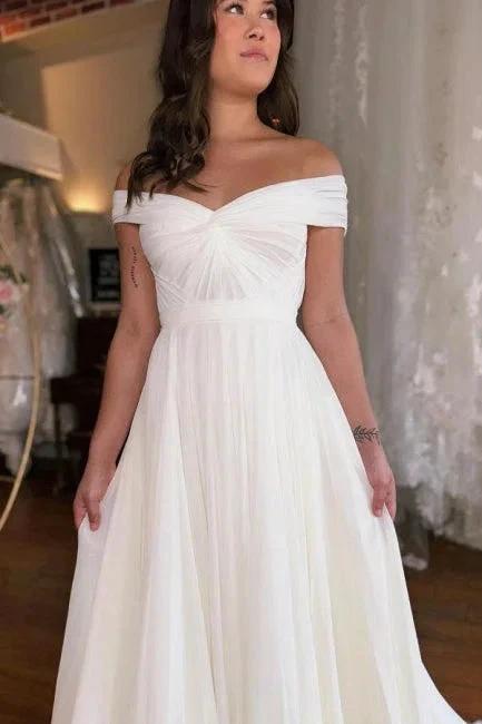 A-Line Off-The-Shoulder Floor-Length Short Sleeve Stain Wedding Dresses with Ruffles by misshow.com