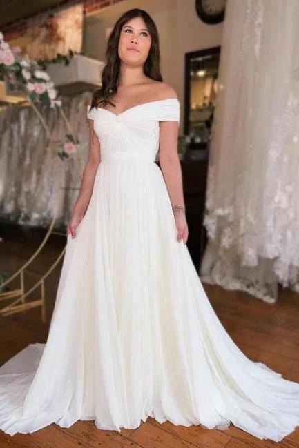A-Line Off-The-Shoulder Floor-Length Short Sleeve Stain Wedding Dresses with Ruffles by misshow.com