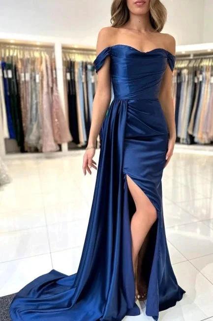 A-Line Stain Royal Blue Sweetheart Split Front Off-the-Shoulder Strapless Prom Dresses with Ruffles by misshow.com