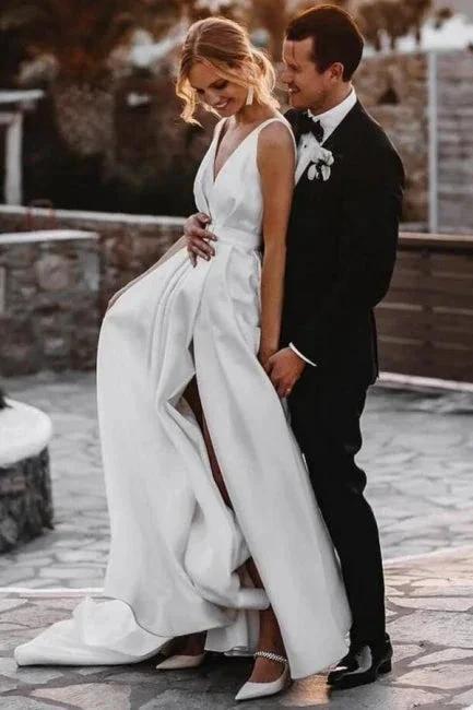 A-Line Stain V-Neck Split Front Sleeveless Wedding Dresses with Ruffles by misshow.com