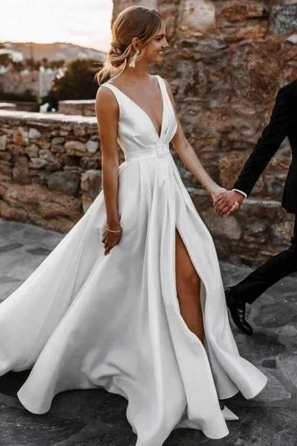 A-Line Stain V-Neck Split Front Sleeveless Wedding Dresses with Ruffles by misshow.com