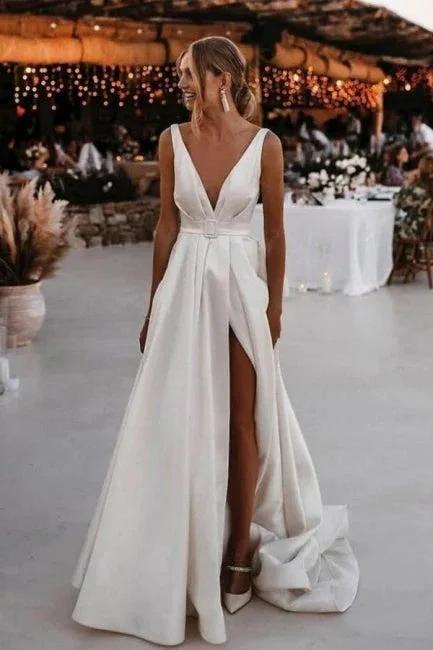 A-Line Stain V-Neck Split Front Sleeveless Wedding Dresses with Ruffles by misshow.com