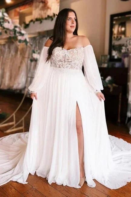 A-Line Sweetheart Long Sleeve Split Front Stain Wedding Dresses with Lace by misshow.com