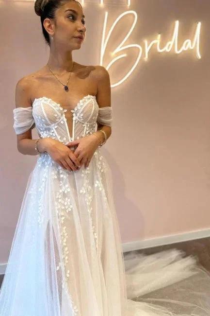 A-Line Sweetheart Off-The-Shoulder Tulle Floor-Length Wedding Dresses with Appliques by misshow.com