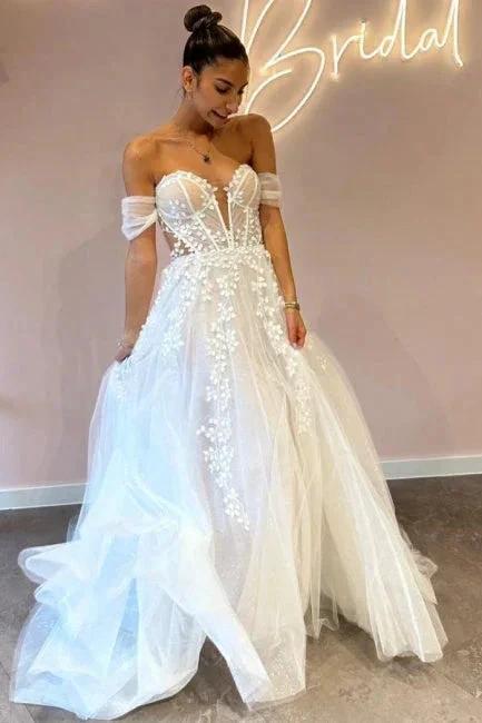 A-Line Sweetheart Off-The-Shoulder Tulle Floor-Length Wedding Dresses with Appliques by misshow.com