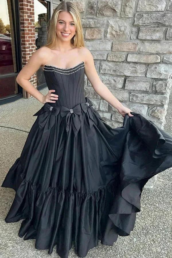 A-Line Beaded Strapless Corset Black Prom Dress with Bows PSK572 by Pgmdress