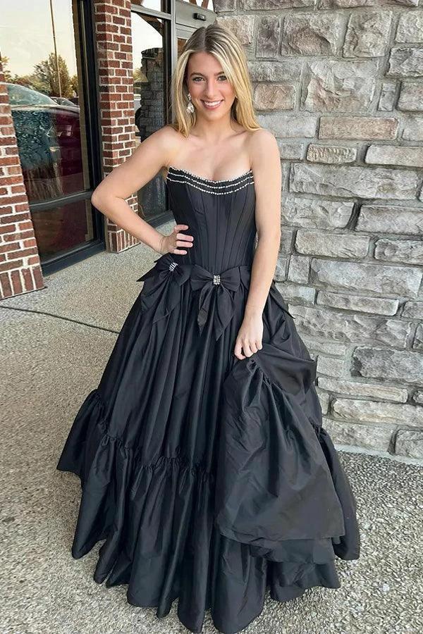 A-Line Beaded Strapless Corset Black Prom Dress with Bows PSK572 by Pgmdress