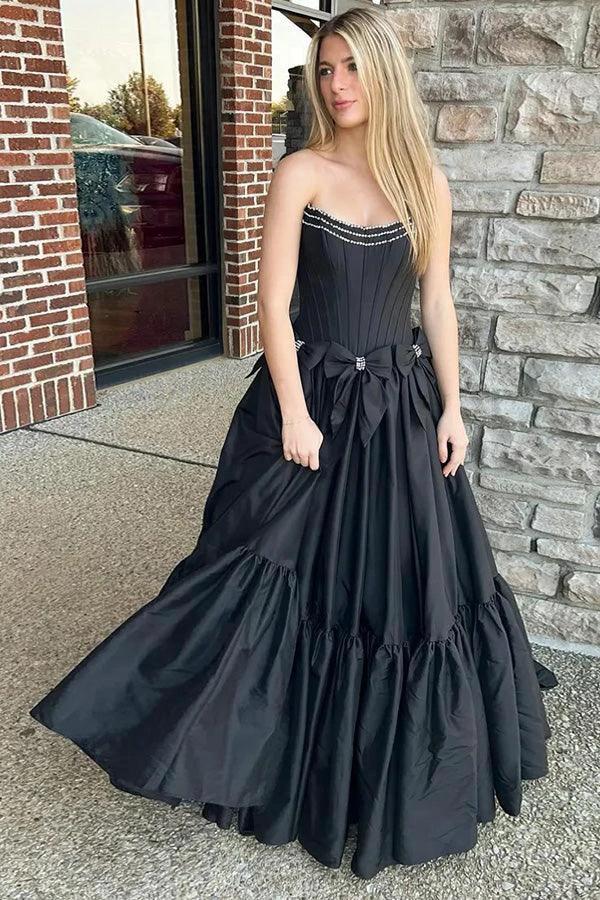 A-Line Beaded Strapless Corset Black Prom Dress with Bows PSK572 by Pgmdress