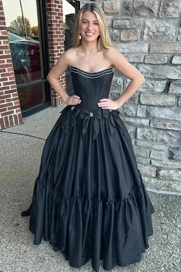 A-Line Beaded Strapless Corset Black Prom Dress with Bows PSK572 by Pgmdress