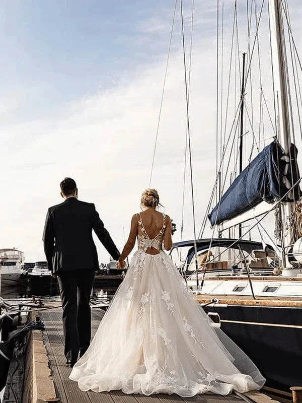 A-line Floral Applique Beach Wedding Dresses Backless Wedding Gown WD467 by pgmdress