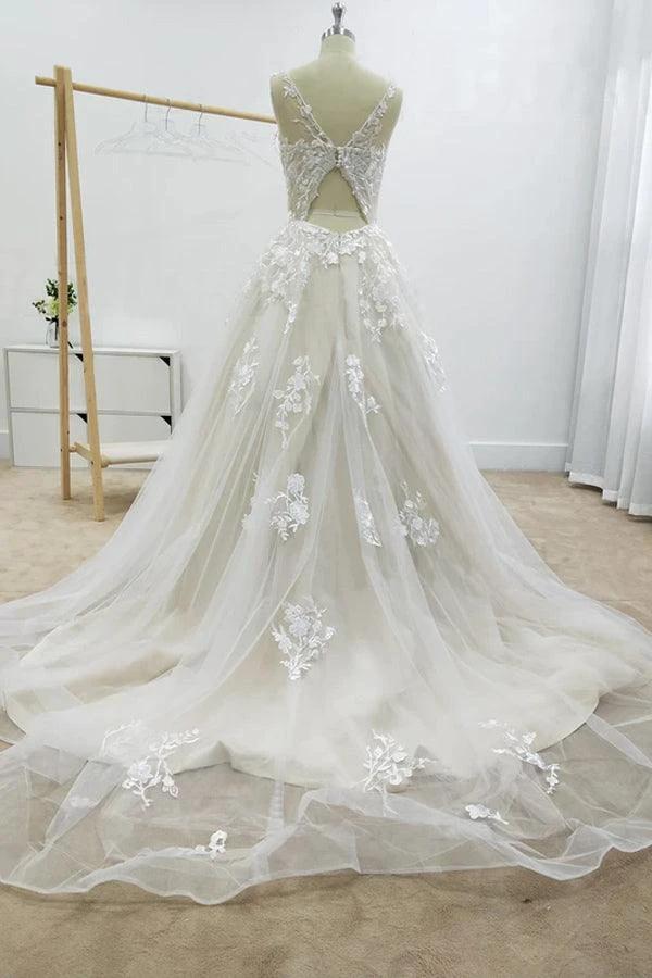A-line Floral Applique Beach Wedding Dresses Backless Wedding Gown WD467 by pgmdress