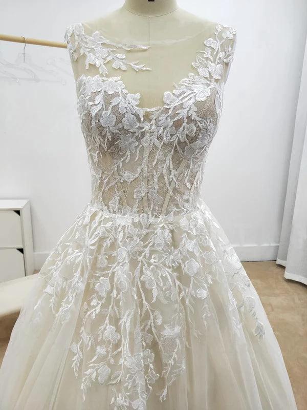 A-line Floral Applique Beach Wedding Dresses Backless Wedding Gown WD467 by pgmdress