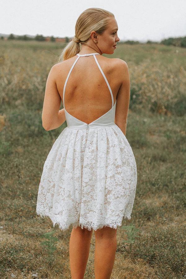 A-Line Ivory Lace Halter Neckline Backless Short Homecoming Dress PD449 by pgmdress
