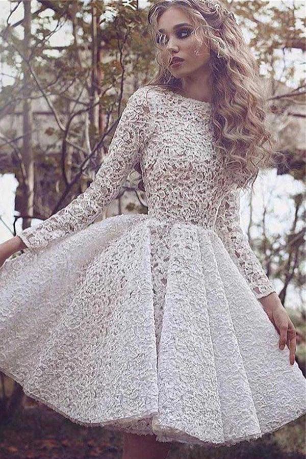 A-line Knee-length Ivory Long Sleeves Lace Homecoming Dress PD004 by pgmdress