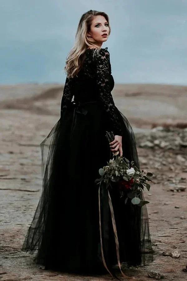 A-Line Lace Appliqued Black Wedding Dress Boho Bridal Gown WD744 by pgmdress