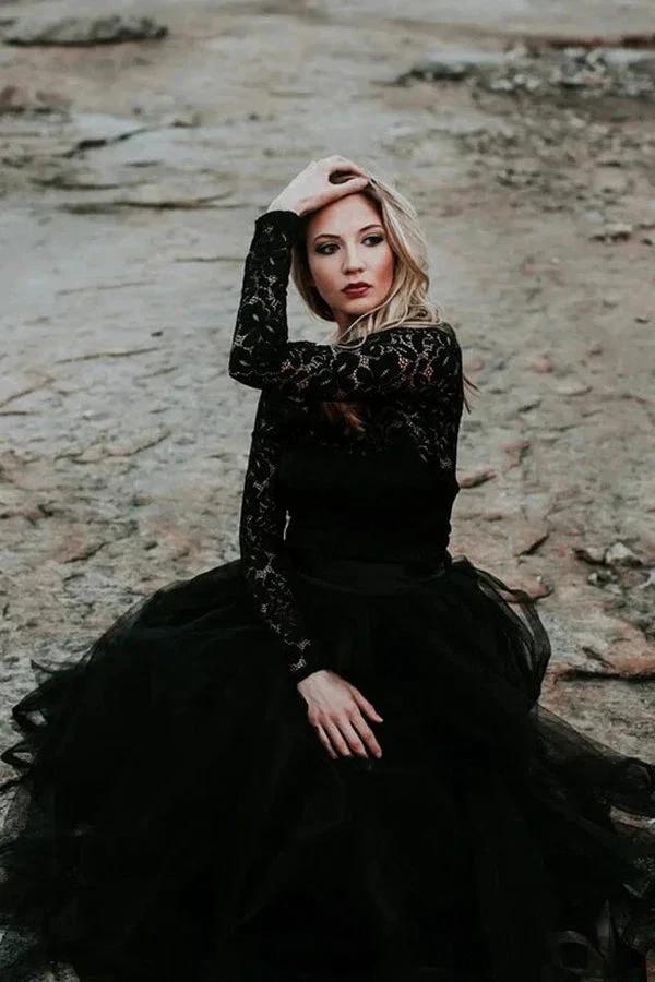 A-Line Lace Appliqued Black Wedding Dress Boho Bridal Gown WD744 by pgmdress