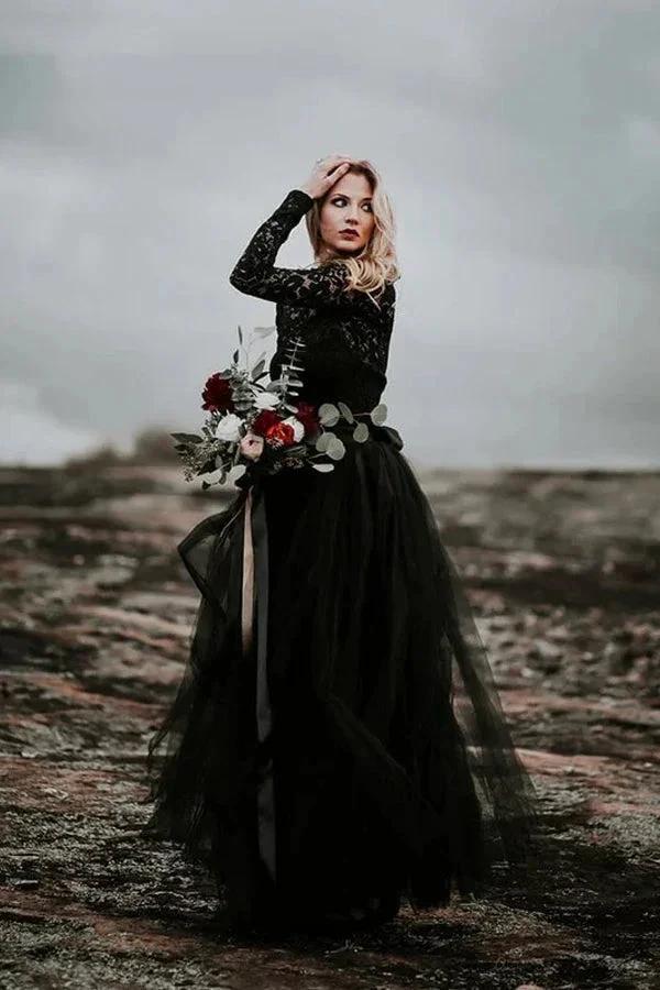 A-Line Lace Appliqued Black Wedding Dress Boho Bridal Gown WD744 by pgmdress