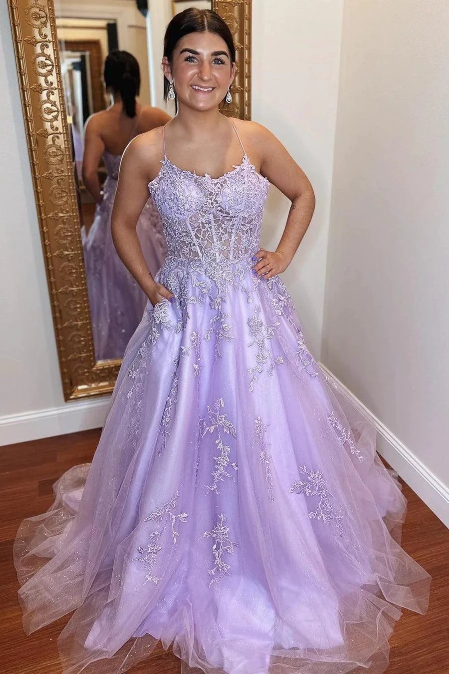 A-Line Lavender Tulle Applique Lace Up Back Prom Evening Dress PSK429 by pgmdress