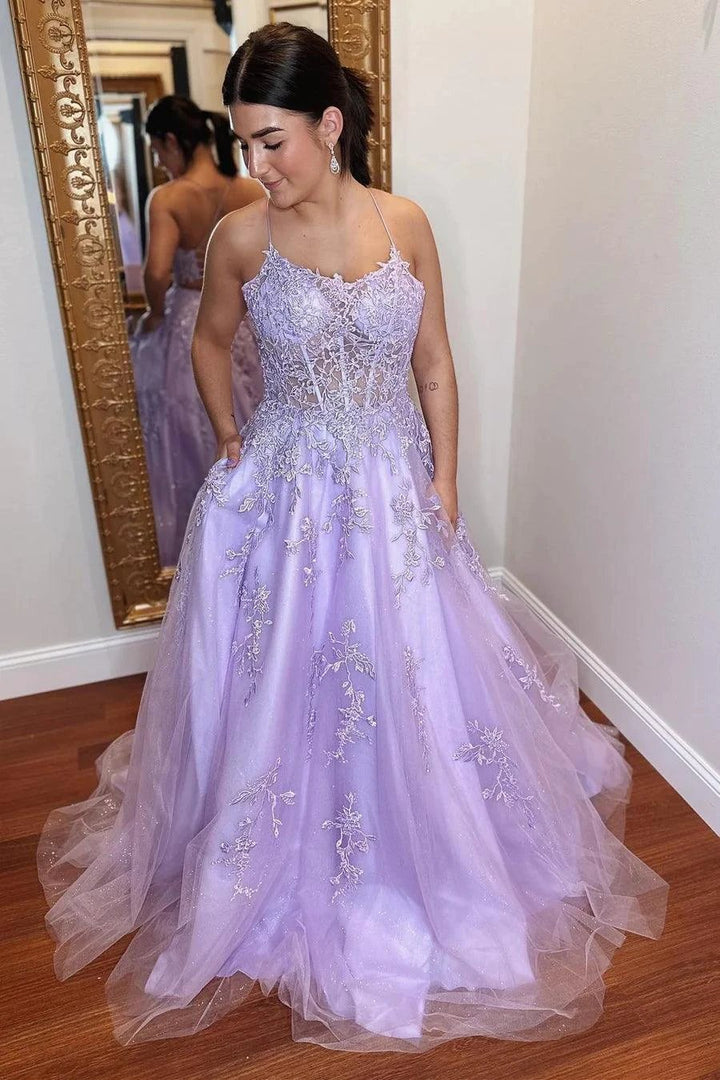A-Line Lavender Tulle Applique Lace Up Back Prom Evening Dress PSK429 by pgmdress