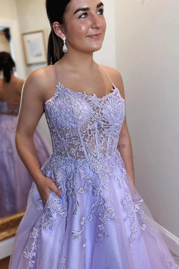 A-Line Lavender Tulle Applique Lace Up Back Prom Evening Dress PSK429 by pgmdress