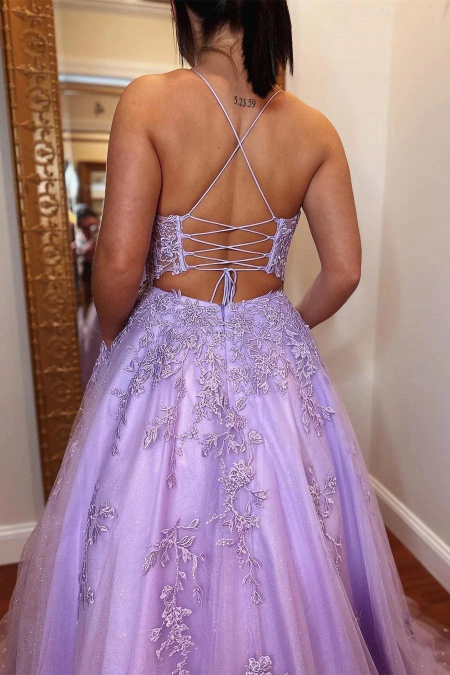 A-Line Lavender Tulle Applique Lace Up Back Prom Evening Dress PSK429 by pgmdress