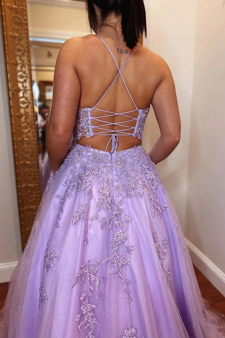 A-Line Lavender Tulle Applique Lace Up Back Prom Evening Dress PSK429 by pgmdress