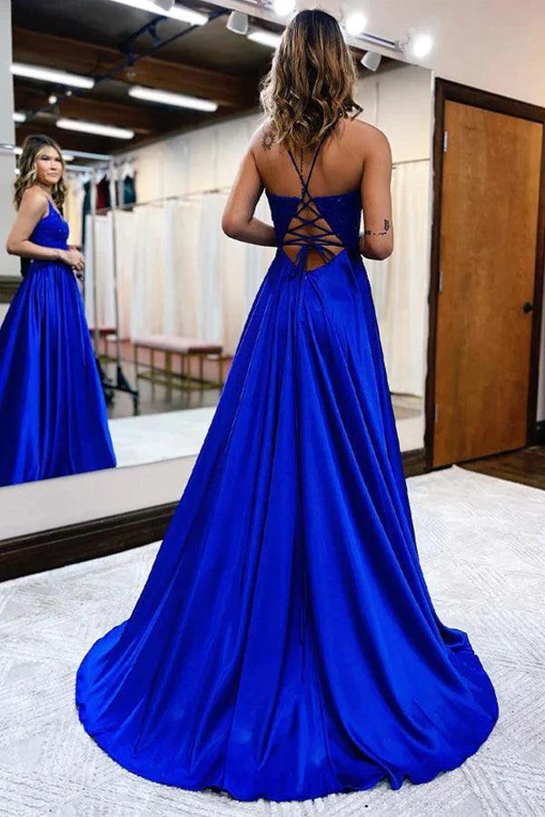 A-Line Long Satin Dark Green Prom Evening Dress with Split PSK406 by pgmdress