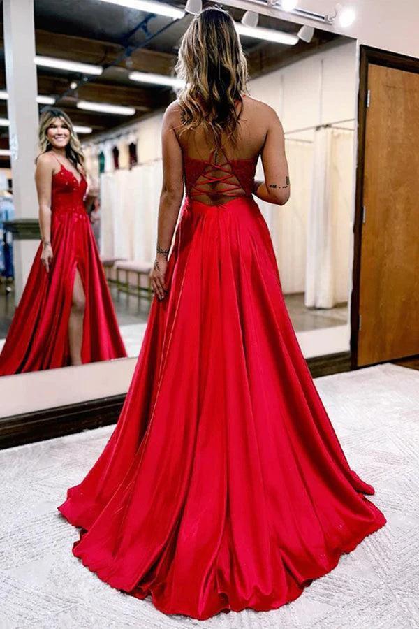 A-Line Long Satin Dark Green Prom Evening Dress with Split PSK406 by pgmdress