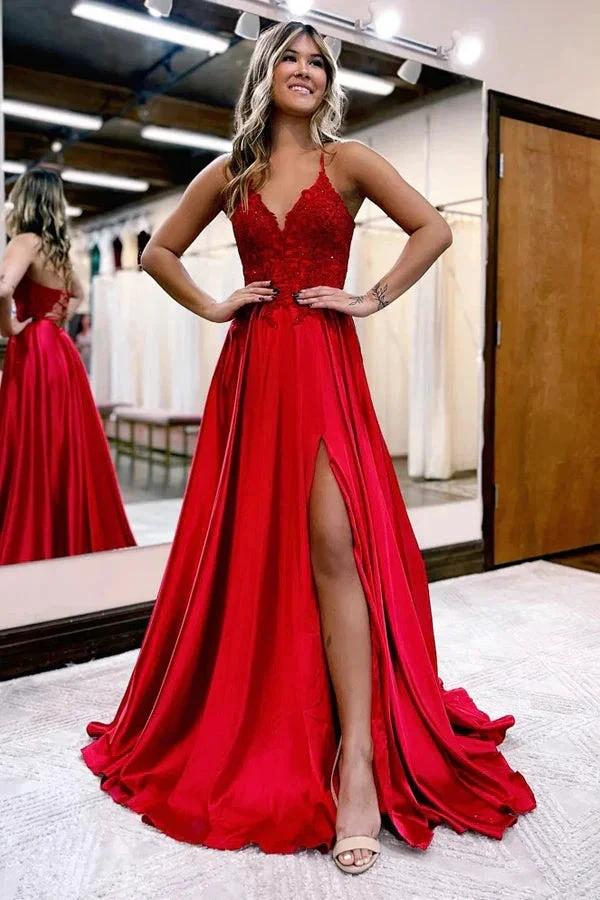A-Line Long Satin Dark Green Prom Evening Dress with Split PSK406 by pgmdress