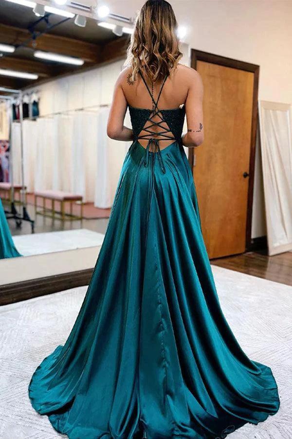 A-Line Long Satin Dark Green Prom Evening Dress with Split PSK406 by pgmdress