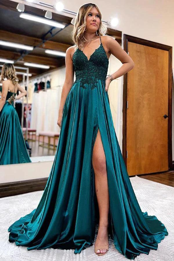 A-Line Long Satin Dark Green Prom Evening Dress with Split PSK406 by pgmdress