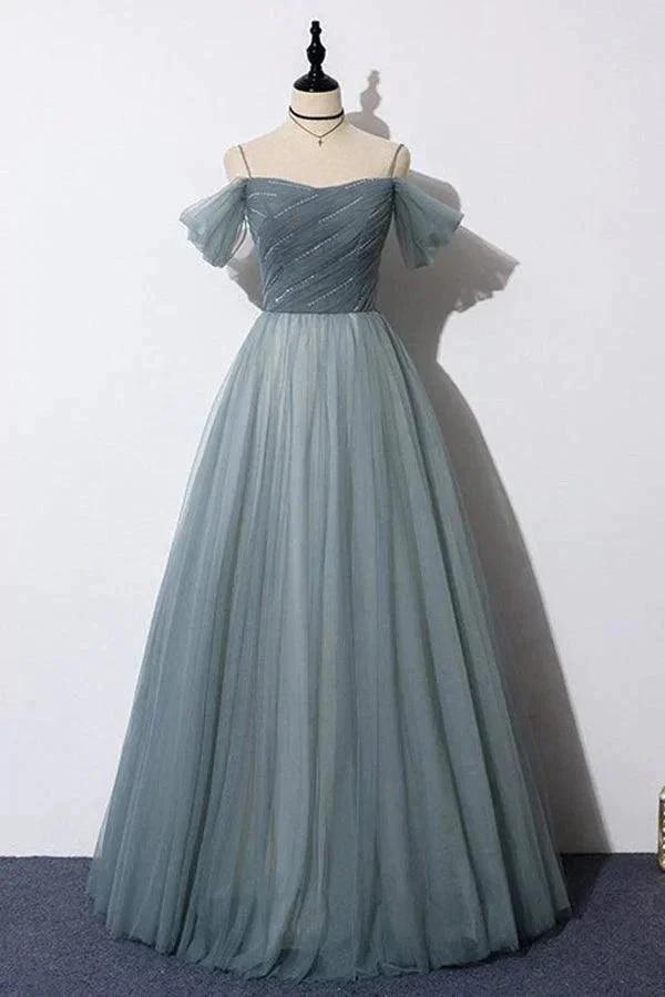 A-Line Off The Shoulder Grey Tulle Prom Dress Evening Dress PSK539 by pgmdress