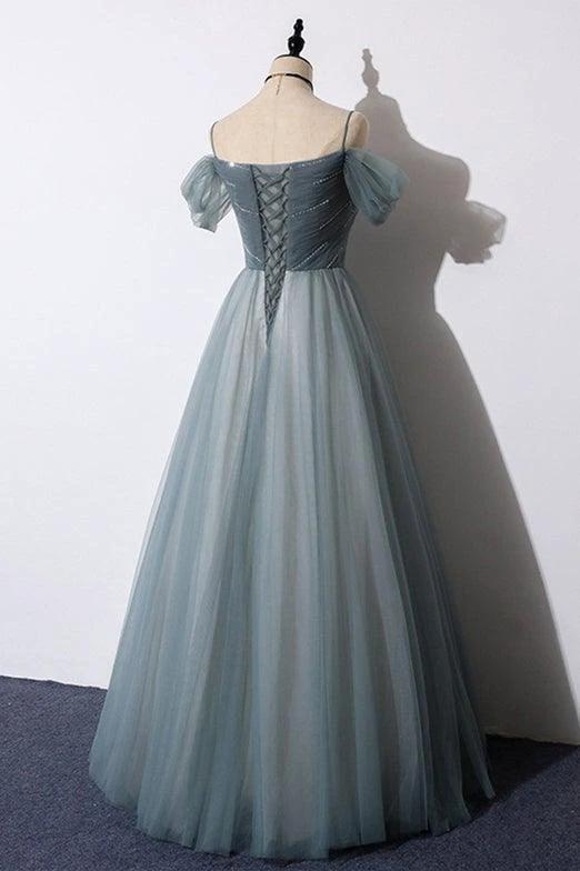 A-Line Off The Shoulder Grey Tulle Prom Dress Evening Dress PSK539 by pgmdress