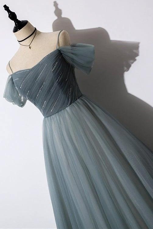 A-Line Off The Shoulder Grey Tulle Prom Dress Evening Dress PSK539 by pgmdress