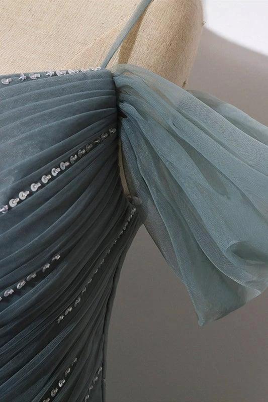 A-Line Off The Shoulder Grey Tulle Prom Dress Evening Dress PSK539 by pgmdress