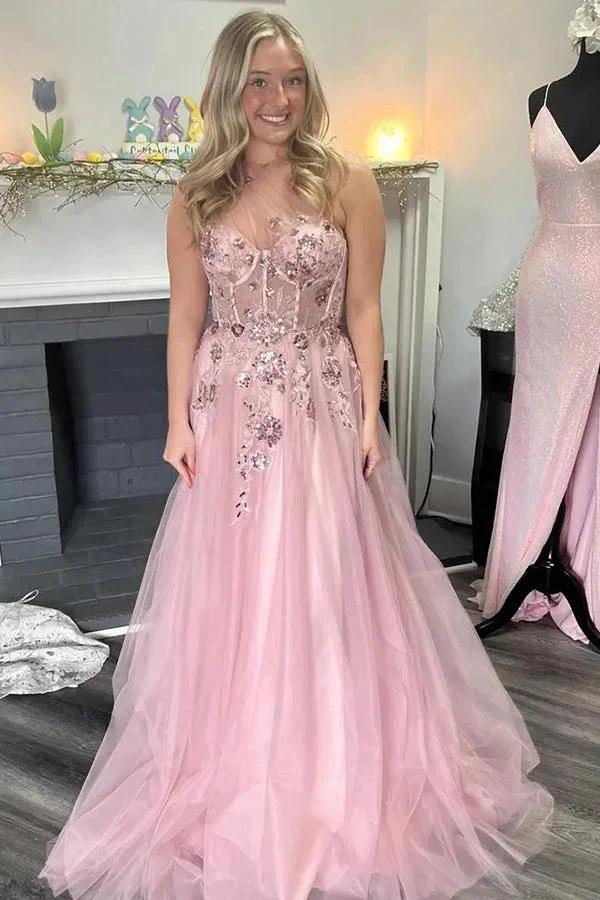 A-Line One Shoulder Appliques Tulle Pink Long Prom Dress PSK584 by Pgmdress