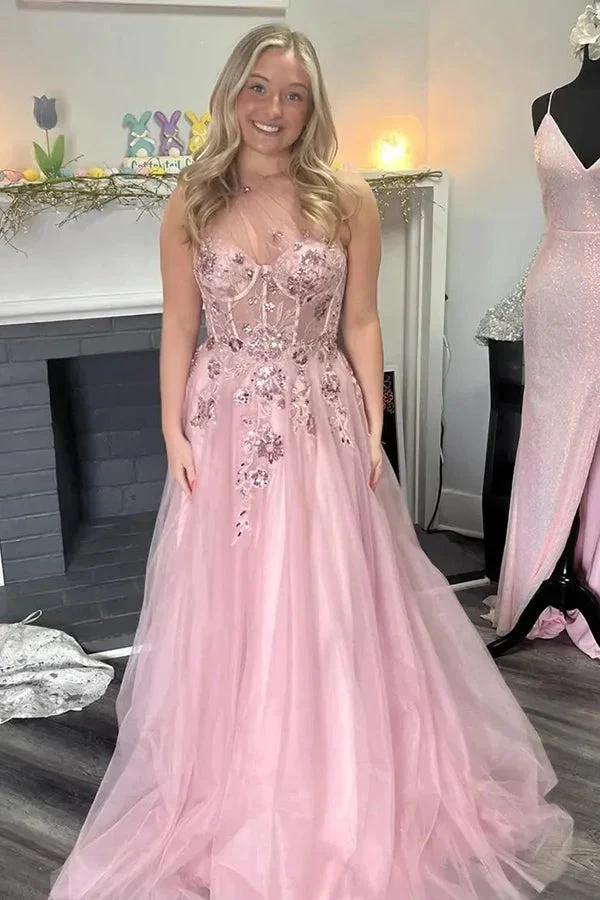 A-Line One Shoulder Appliques Tulle Pink Long Prom Dress PSK584 by Pgmdress
