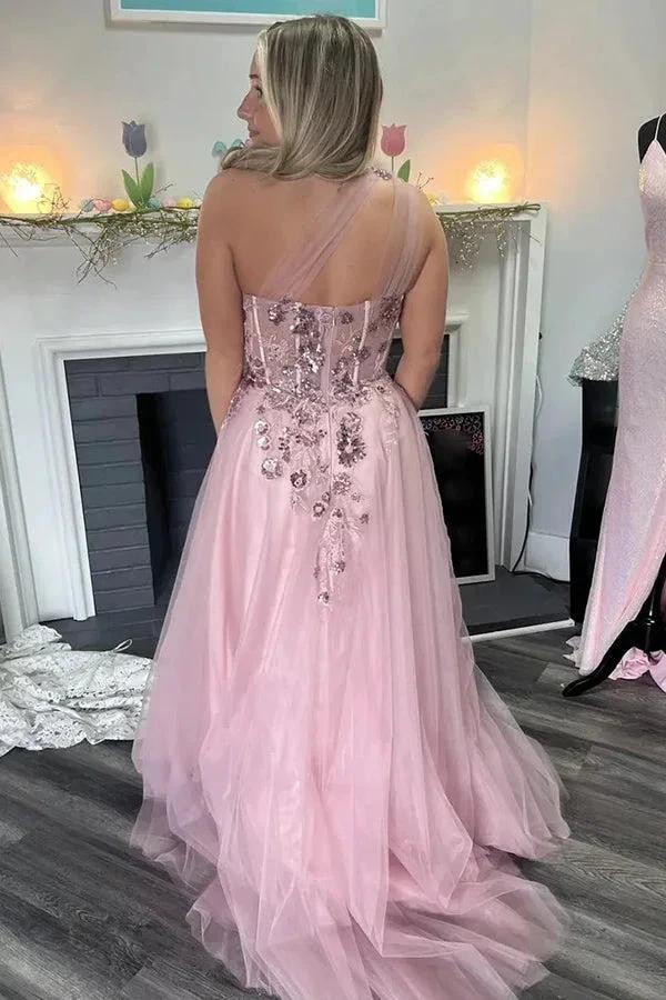 A-Line One Shoulder Appliques Tulle Pink Long Prom Dress PSK584 by Pgmdress