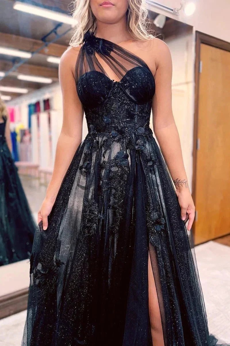 A-Line One Shoulder Black Long Prom Dress With 3D Appliques PSK444 by pgmdress