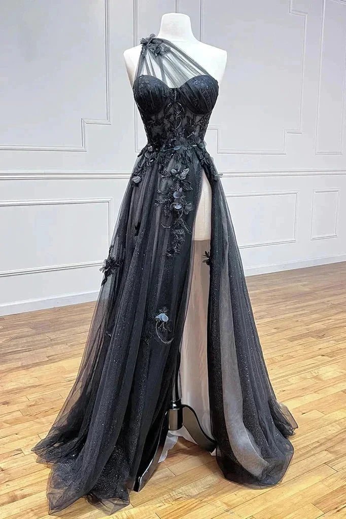 A-Line One Shoulder Black Long Prom Dress With 3D Appliques PSK444 by pgmdress