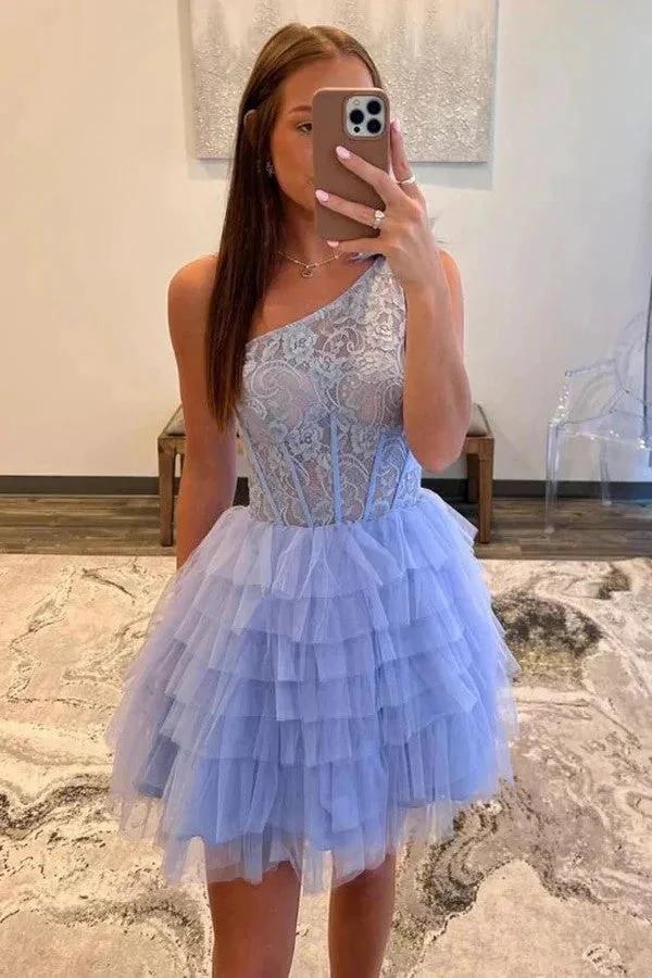 A-Line One Shoulder Lace Layered Lavender Homecoming Dress PD516 by pgmdress