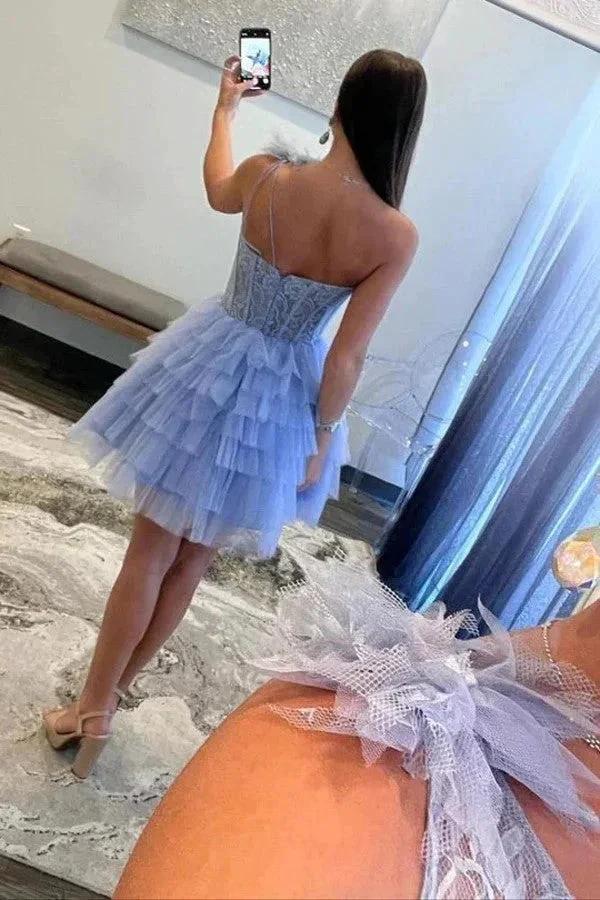 A-Line One Shoulder Lace Layered Lavender Homecoming Dress PD516 by pgmdress